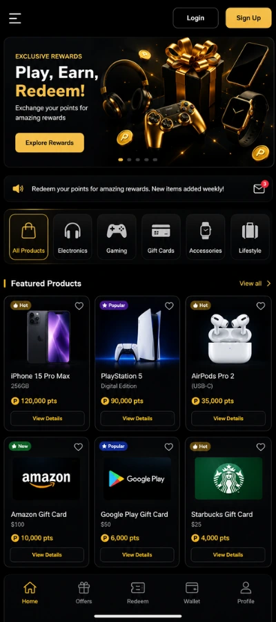 Portrait preview of a rewards marketplace app with product categories, points, featured products, and mobile navigation.