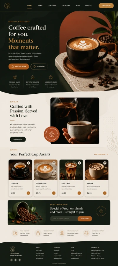 Portrait preview of a coffee shop website with hero banner, menu cards, newsletter section, and footer layout.