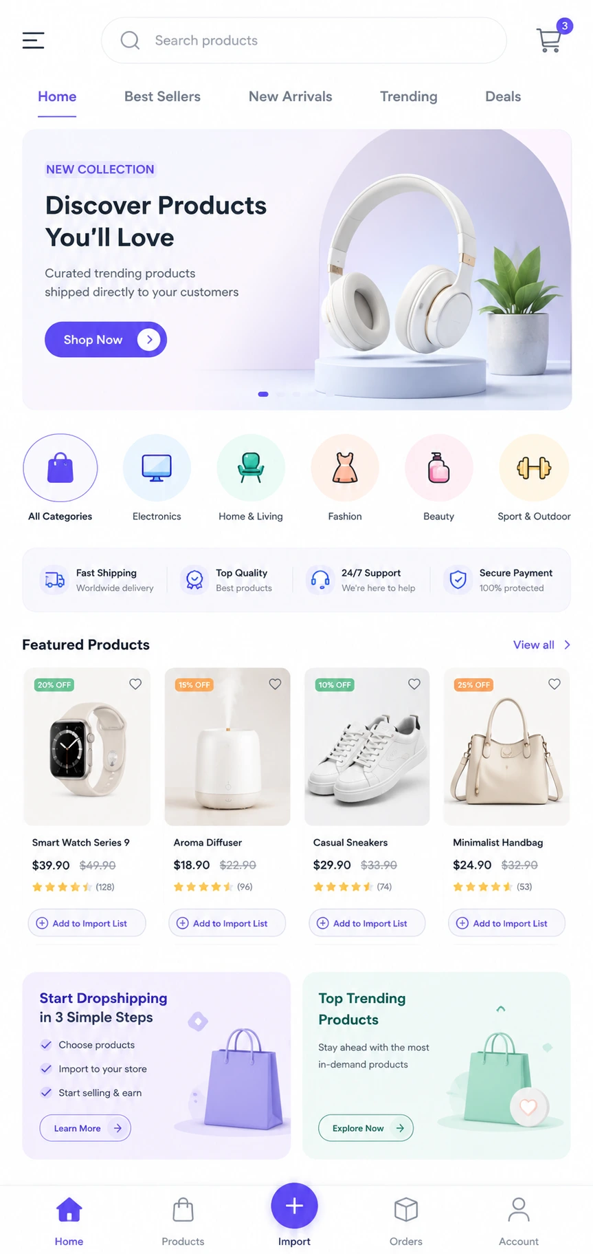 Portrait preview of an ecommerce mobile app with product search, categories, featured products, offers, and bottom navigation.