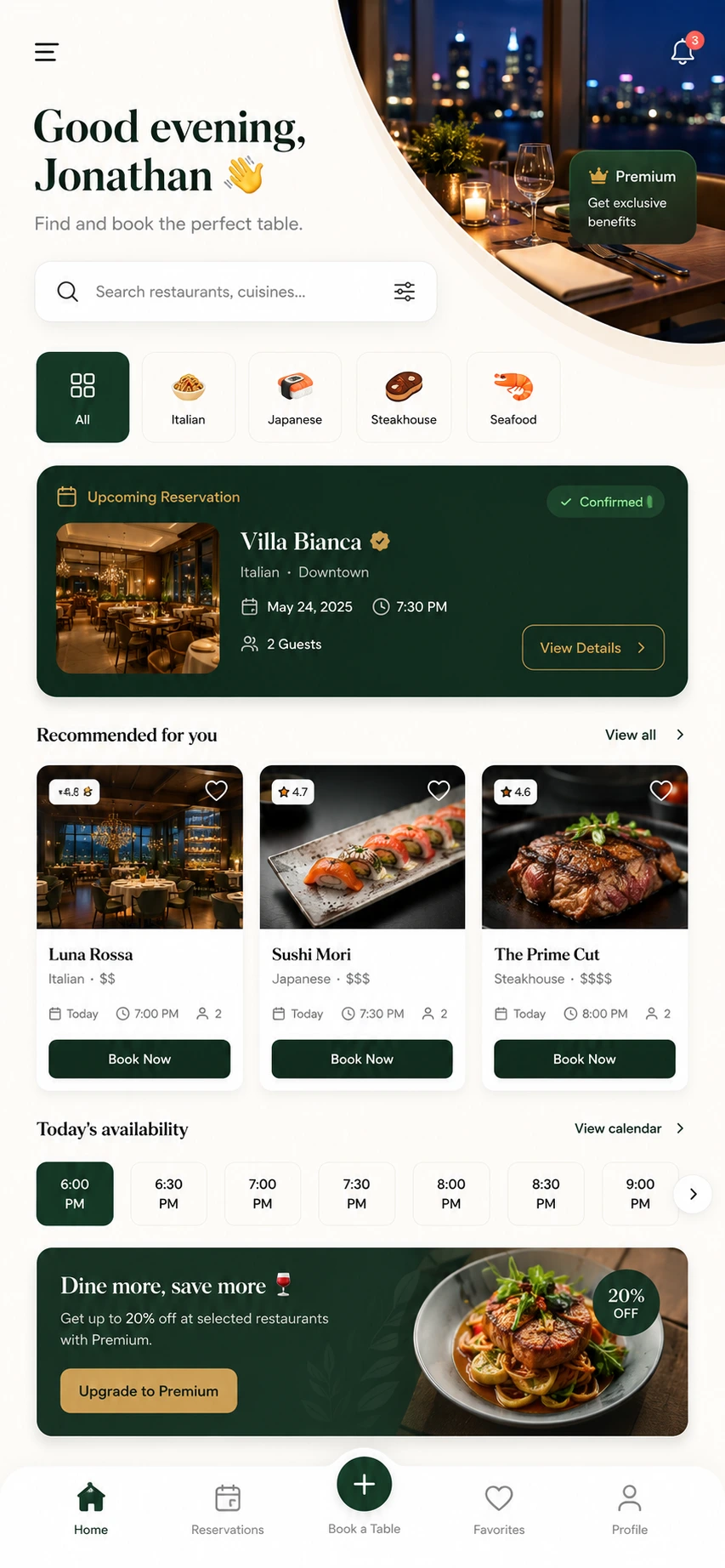 Portrait preview of a restaurant booking mobile app with restaurant search, cuisine categories, reservations, booking cards, and available times.