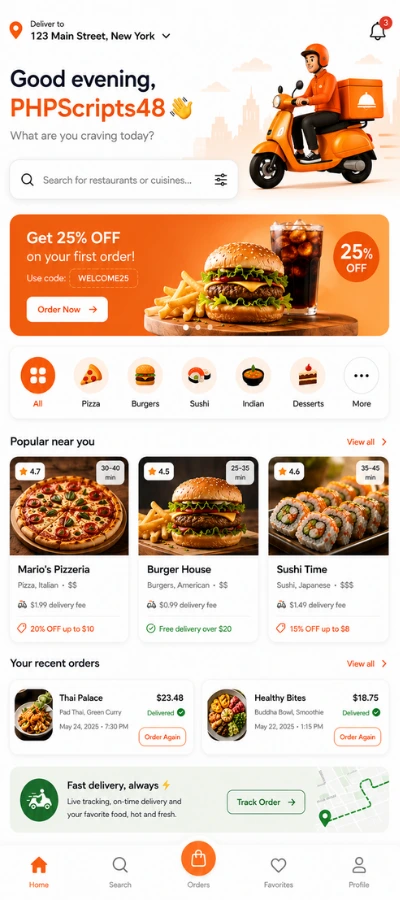 Portrait preview of a food delivery mobile app with restaurant search, promo banner, food categories, popular restaurants, recent orders, and delivery tracking.