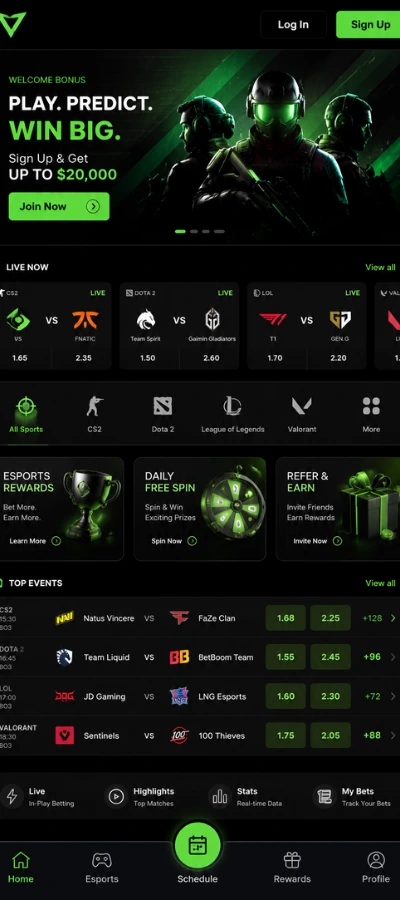 Portrait preview of an esports mobile platform with live match cards, game categories, event listings, rewards, and bottom navigation.