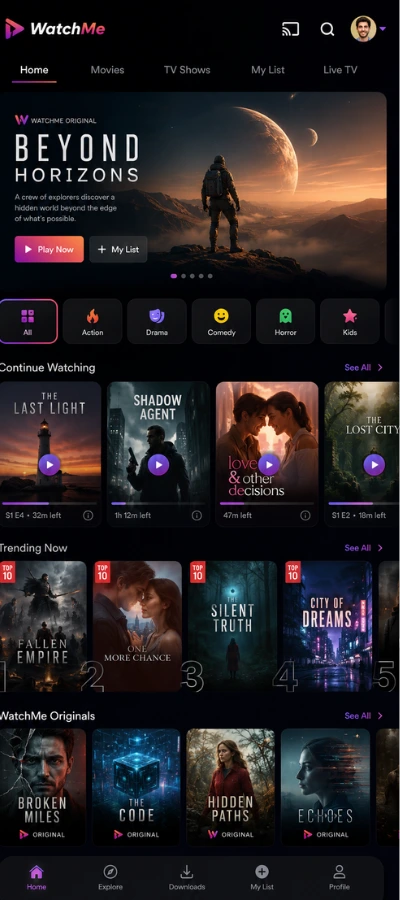 Portrait preview of a movie streaming mobile app with featured banner, content categories, continue watching section, trending titles, and bottom navigation.