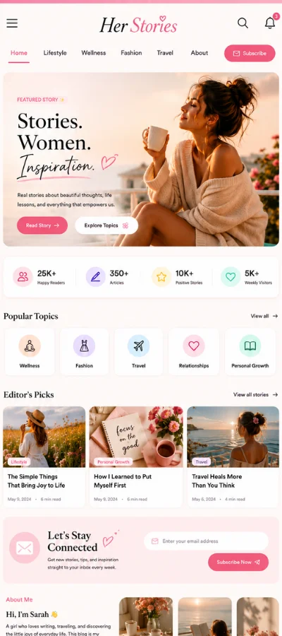Portrait preview of a lifestyle blog website with featured story banner, topic categories, editor picks, newsletter section, and personal author area.