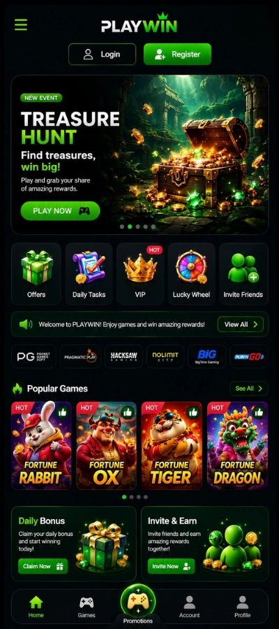 Portrait preview of a dark mobile gaming platform with green accents, featured games, rewards sections, provider logos, and app navigation.