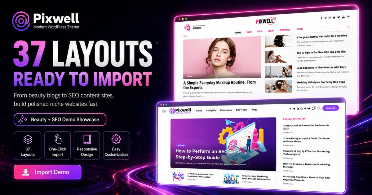 Pixwell beauty and SEO WordPress demos ready to import