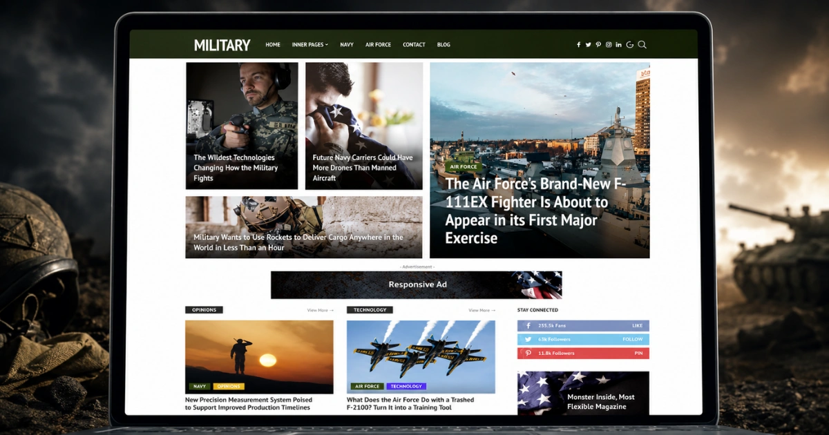 Pixwell military news magazine layout on laptop screen