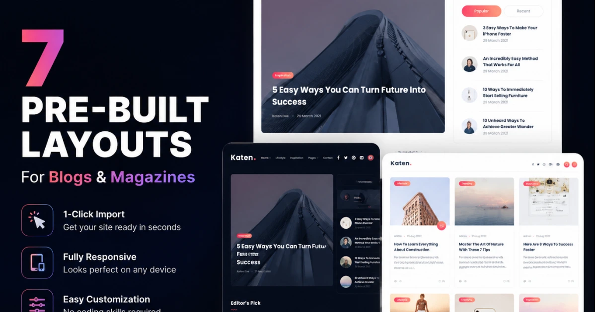 Katen WordPress blog theme with 7 ready-to-import layouts