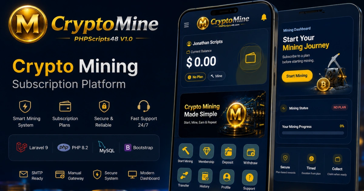 PHP crypto mining subscription platform with mobile user dashboard, timed mining rewards, wallet balance, Laravel, PHP, MySQL, and Bootstrap features.