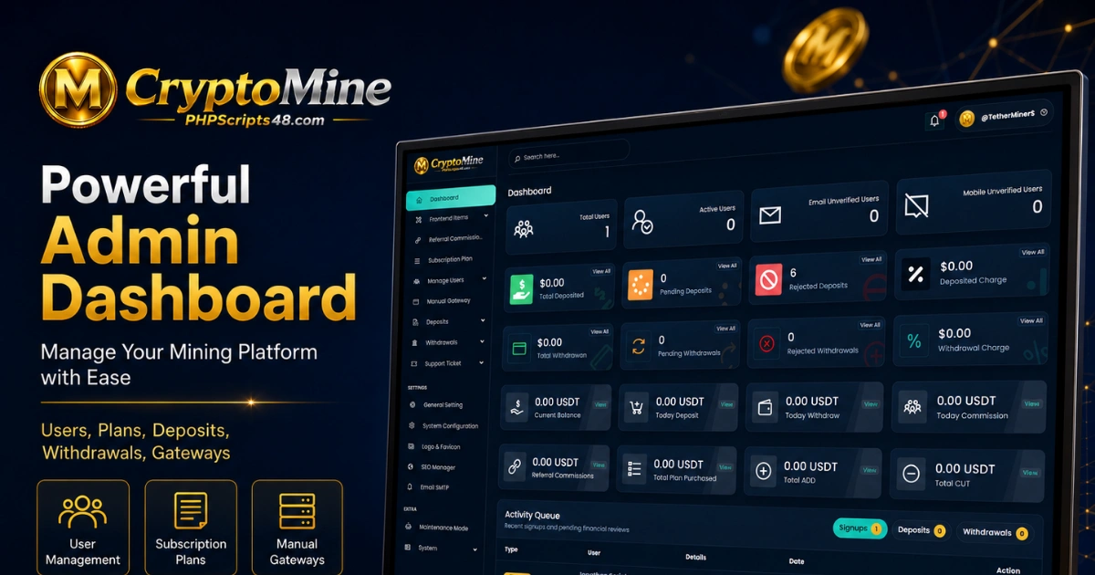Crypto mining platform admin dashboard for managing users, subscription plans, manual gateways, deposits, withdrawals, and platform settings.
