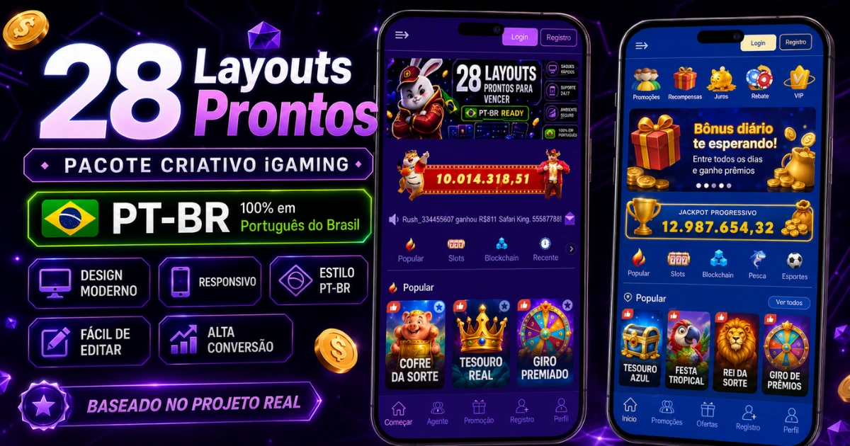 PT-BR iGaming platform with 28 ready layouts and mobile gaming lobby.