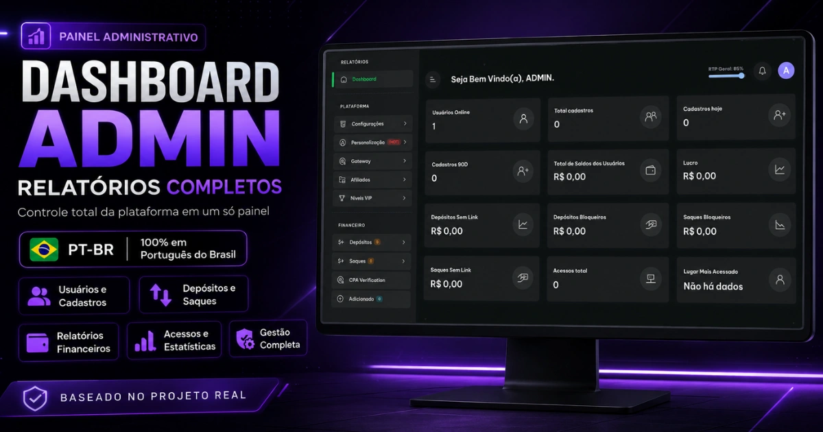 PT-BR iGaming admin dashboard with reports, users, deposits and withdrawals.